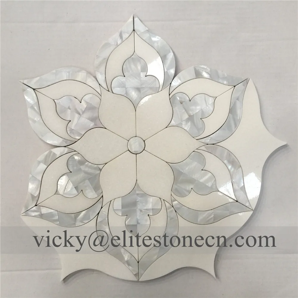 Thassos white marble mosaic flower designs ,mother of pearl flower mosaic ,seashell mix stone mosaic tile