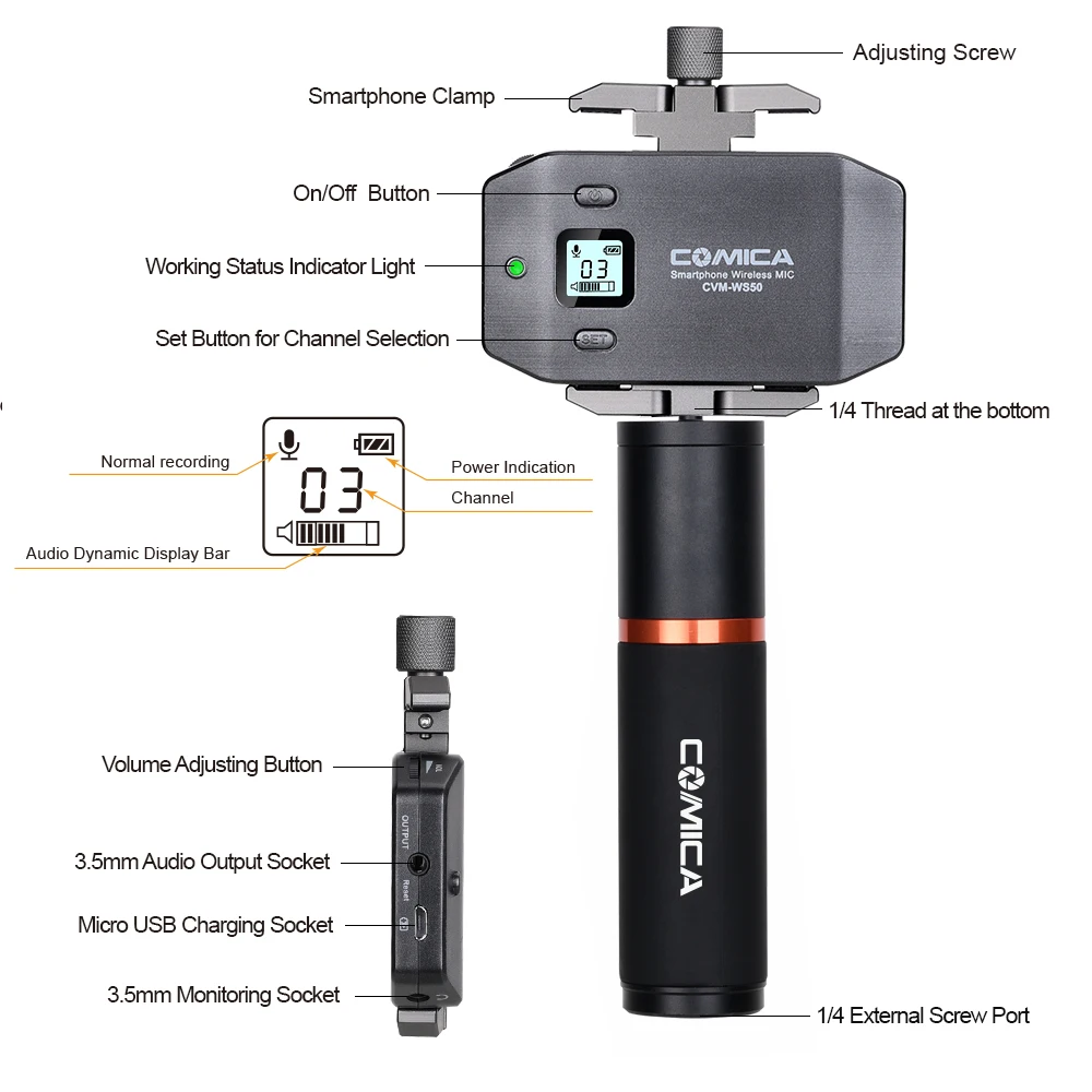 COMICA UHF 6 Channels and 60m Working Distance Wireless Lavalier Microphone for Smartphone with Ordinary Grip and Phone Holder