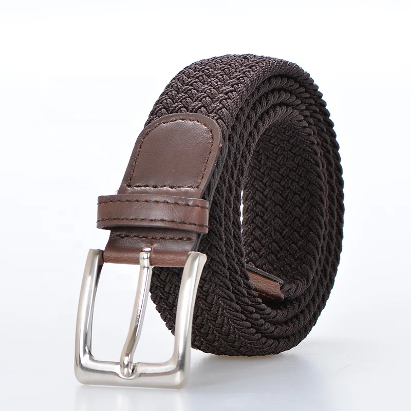 Fabric Pu Leather Tag Burgundy Color Elastic Braided Stretch Belts For Jeans Mens