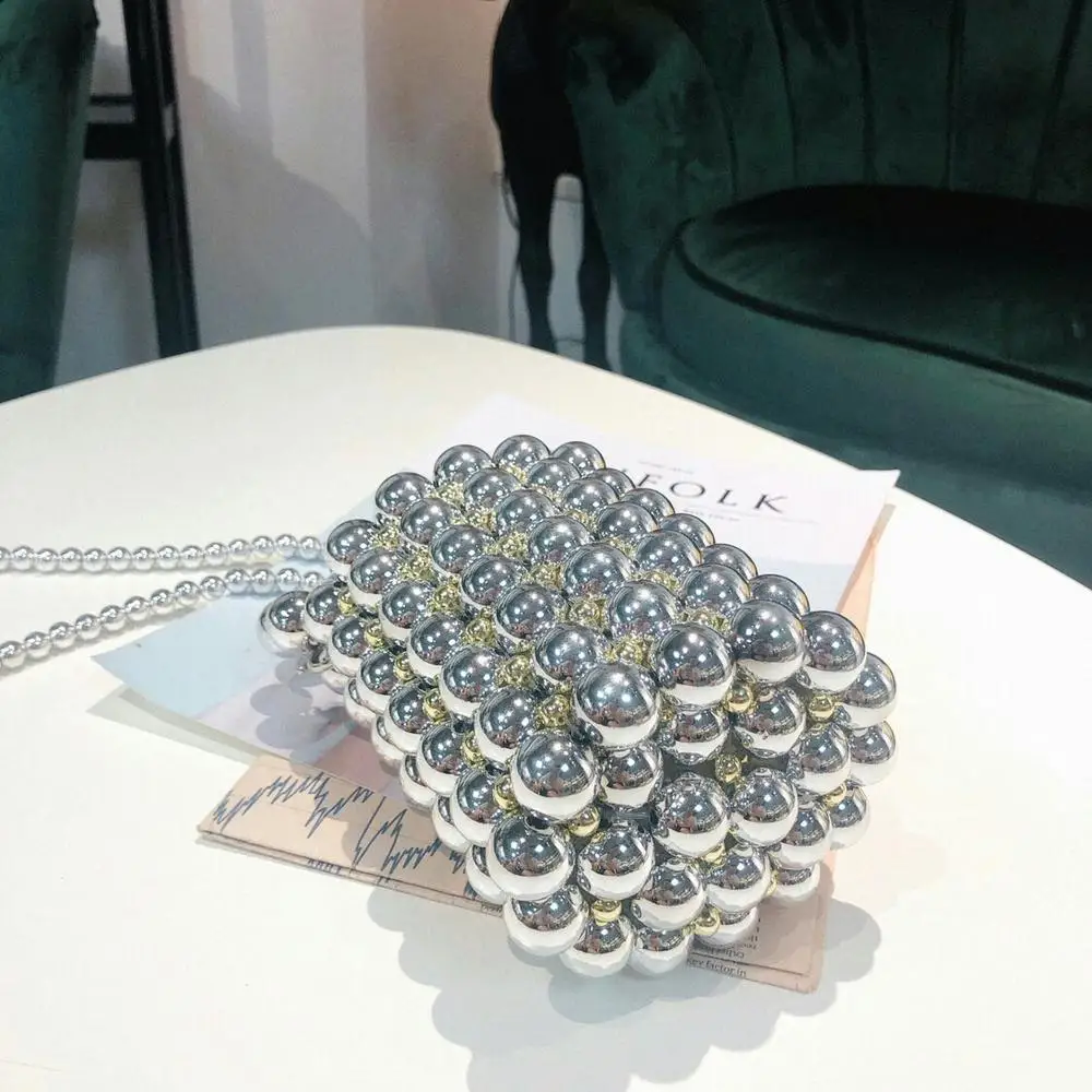 Summer 2021 New Korea Silver Handmade Pearl Bag Mini Bucket Bag Beaded Hand Bag