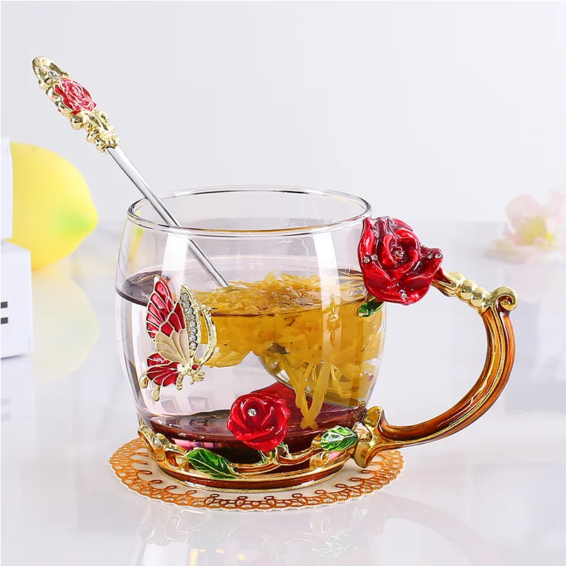 Beauty And Novelty Enamel Coffee Cup Mug Flower Tea Glass Cups for Hot and Cold Drinks Tea Cup Spoon Set Perfect Wedding Gift