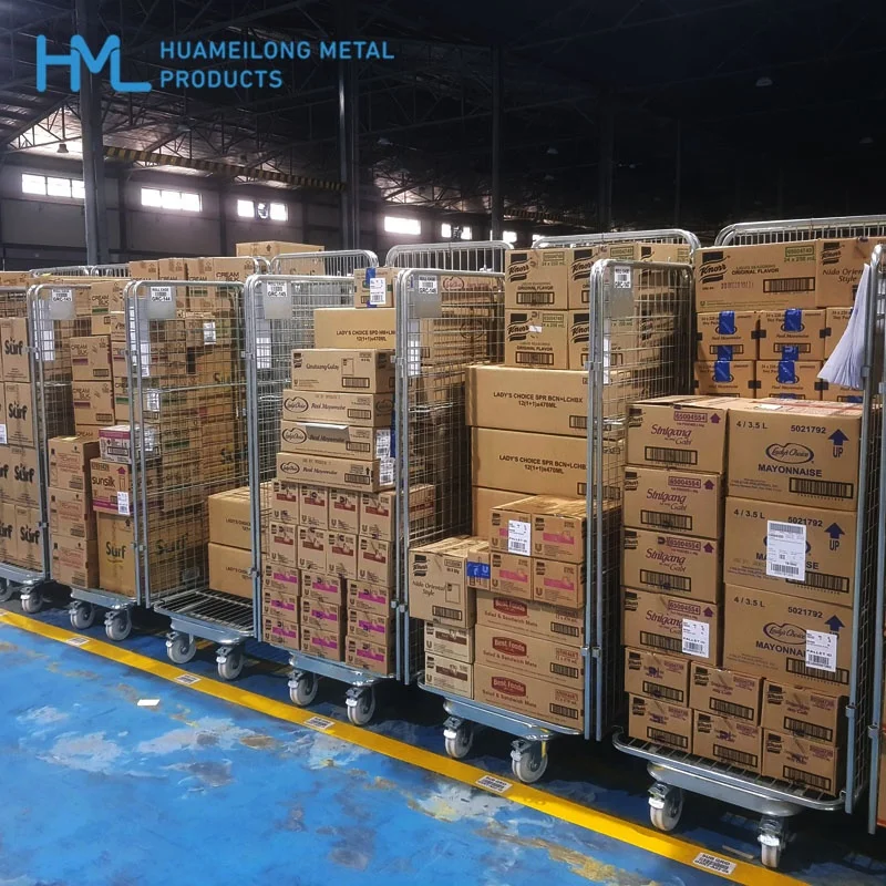 A frame material transport portable steel storage folding industrial wire mesh roll cages trolleys