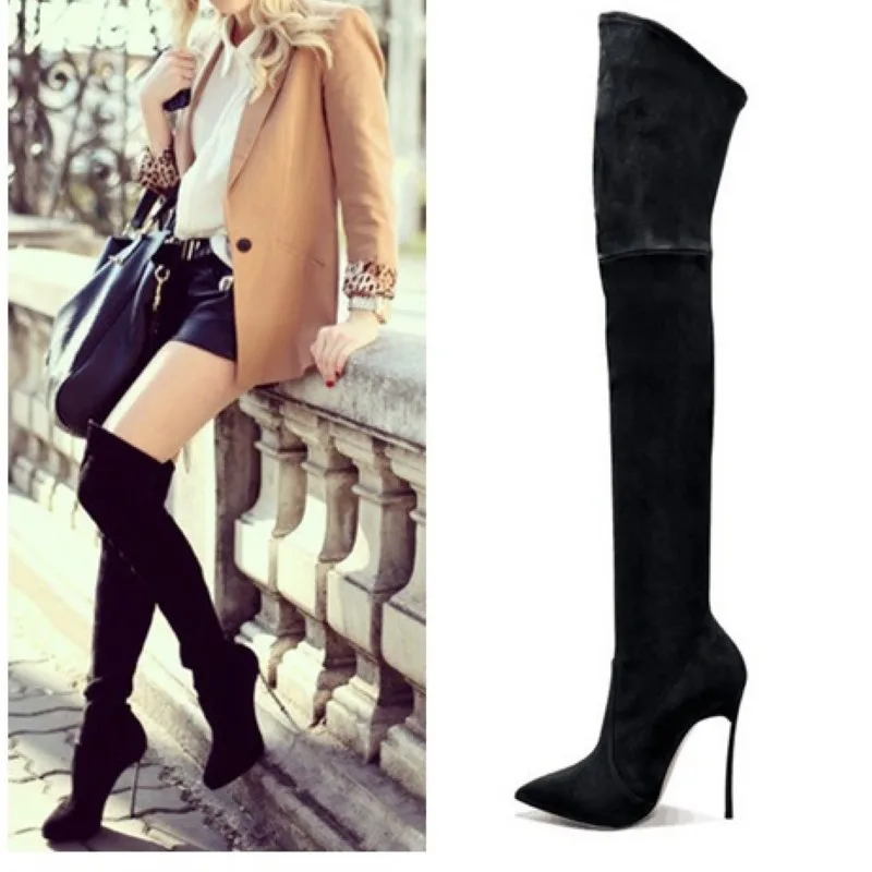 
Metal Heels European American Fashion Woman Extreme High Heels Shoe Elastic Boot Lady Suede Pointed Toe Long Over The Knee Boots 