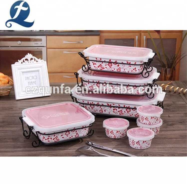 Household Printed Ceramic Baking Dish Bakeware Set With Lid
