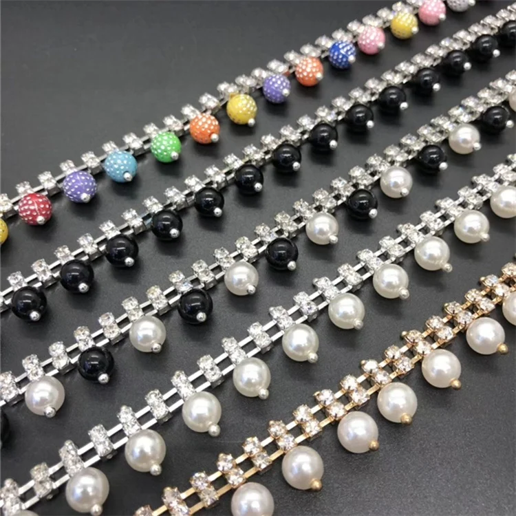 Decorative diamond colorful dyeing pearl chain Oval round bead Rhinestone chain  for garment bag shoe