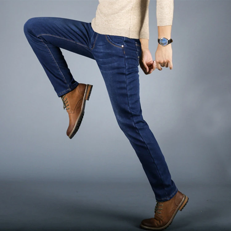 Осенне-зимние мужские эластичные джинсы с ворсом мужская одежда утолщенные плюшевые зимние теплые брюки с поясом прямые облегающие бархатные