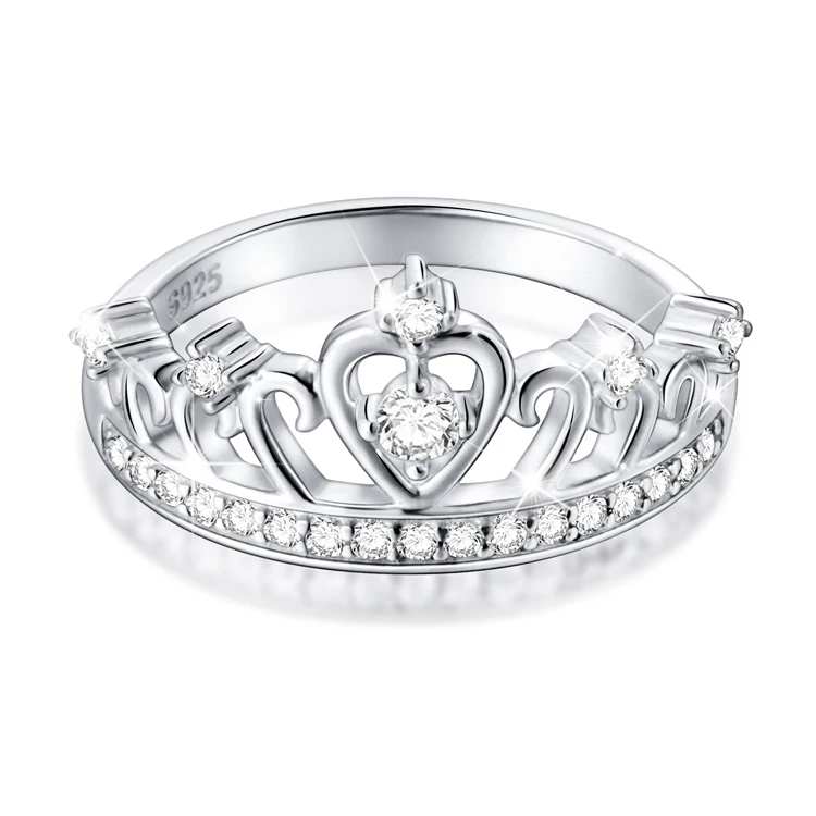 Korean Style Luxury 925 Sterling Silver Princess Heart Crown Tiara CZ stone Ring