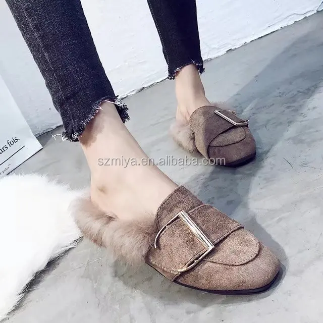 Wholesale women Flats casual Shoes fur loafer leather Mules Shoes Women