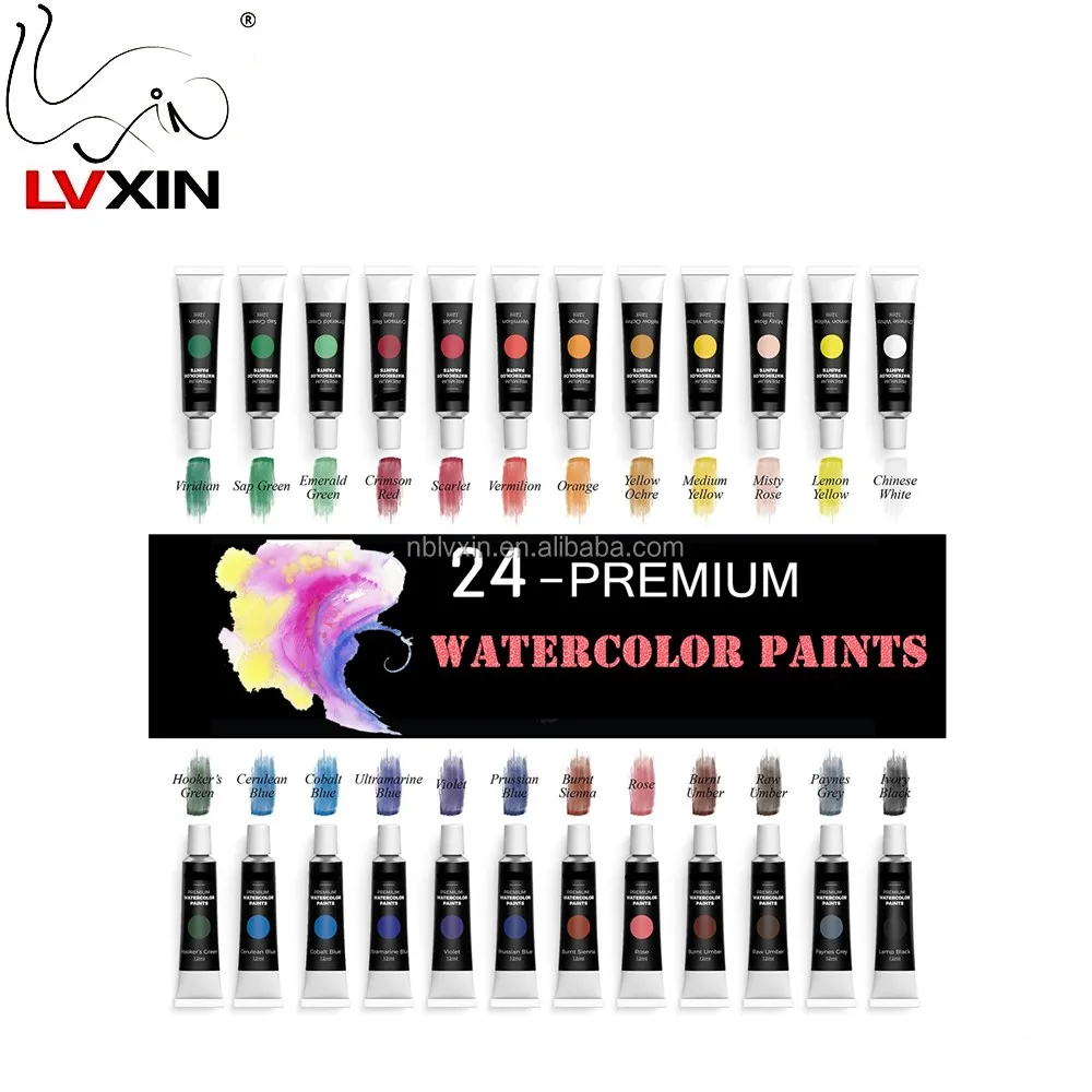 Premium Quality 12 ml / 0.4 Oz Non Toxic & Vivid Colors Watercolor Paint Set 24 Colors