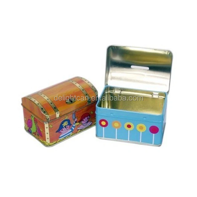 Empty tin box for money storage with hinged lid pillow shaped tin box coin collection