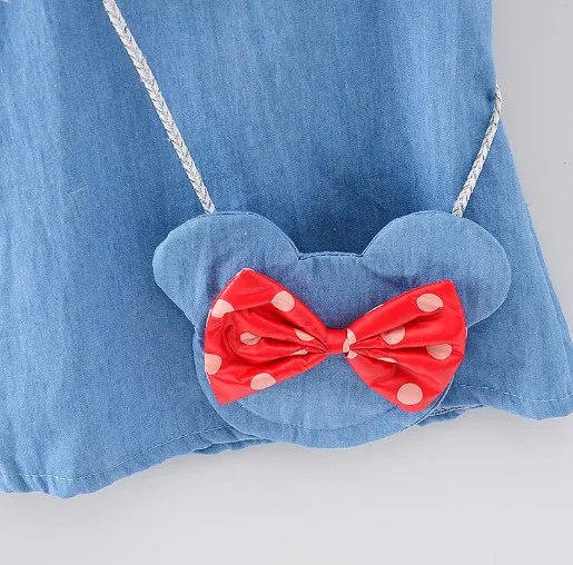 2017 Cotton denim dress girl kids summer children dress with lovely polka dot pocket girls denim dresses