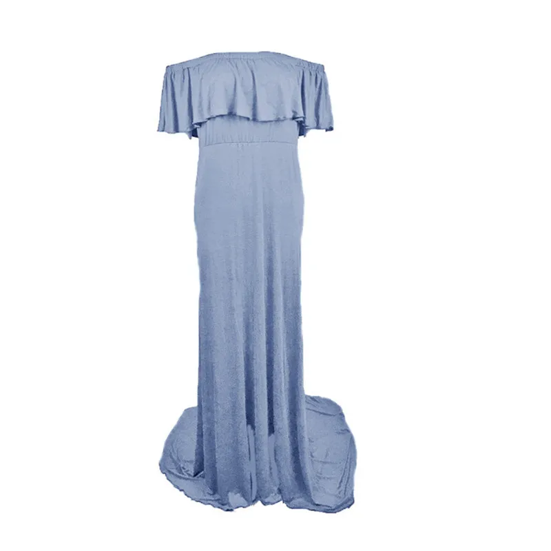 Denim Blue Maternity off Shoulder Long Sleeve Chiffon Gown Split Front Maxi Pregnancy Photography Dress for Photoshoot
