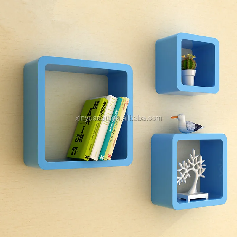 Beautiful model cube wall shelf with round corner set 3 wooden home dispaly shelf