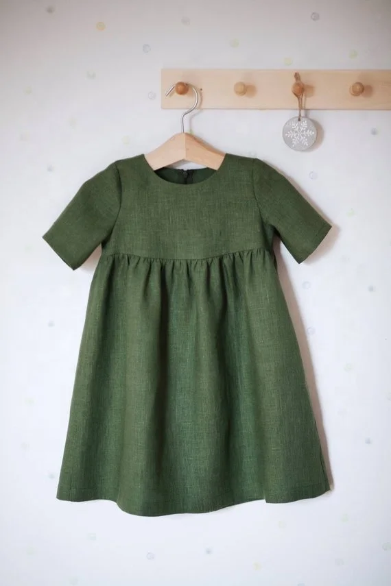 Hot Selling Ruffled Spring 100% Linen Girls Dress with belt