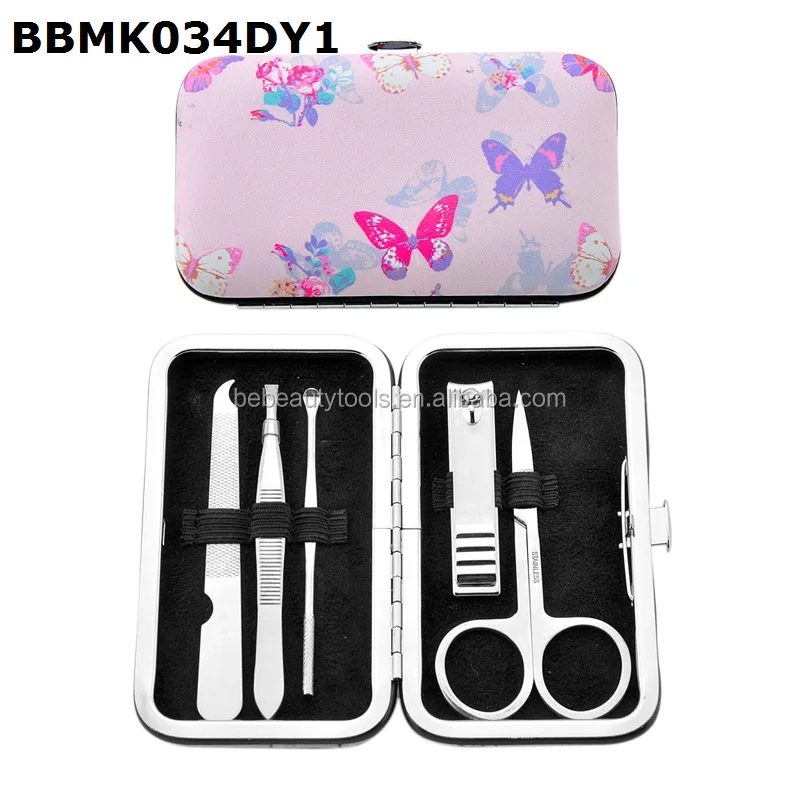 Wholesale stainless steel girls 5pcs nail care tools gift kits beauty pedicure manicure set in butterfly case