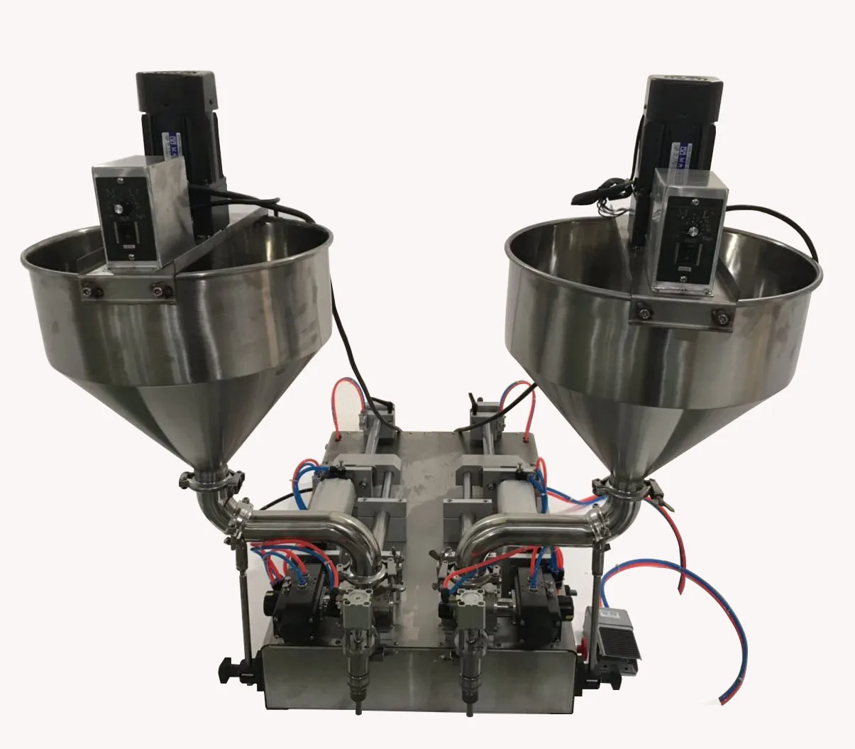 Pneumatic piston 2-head paste filling machine with 2 mixing hoppers (Cream filling machine with mixer, balm filler with agitator