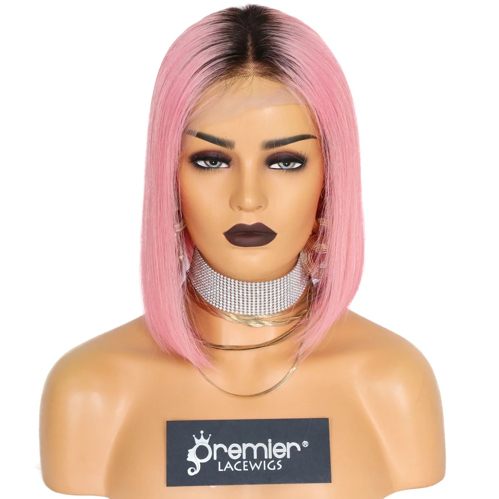 Ready to Ship  Virgin Brazilian Remy Human Hair Ombre natural to pink color Bob Cut pink lace wig Lace Frontal Wig