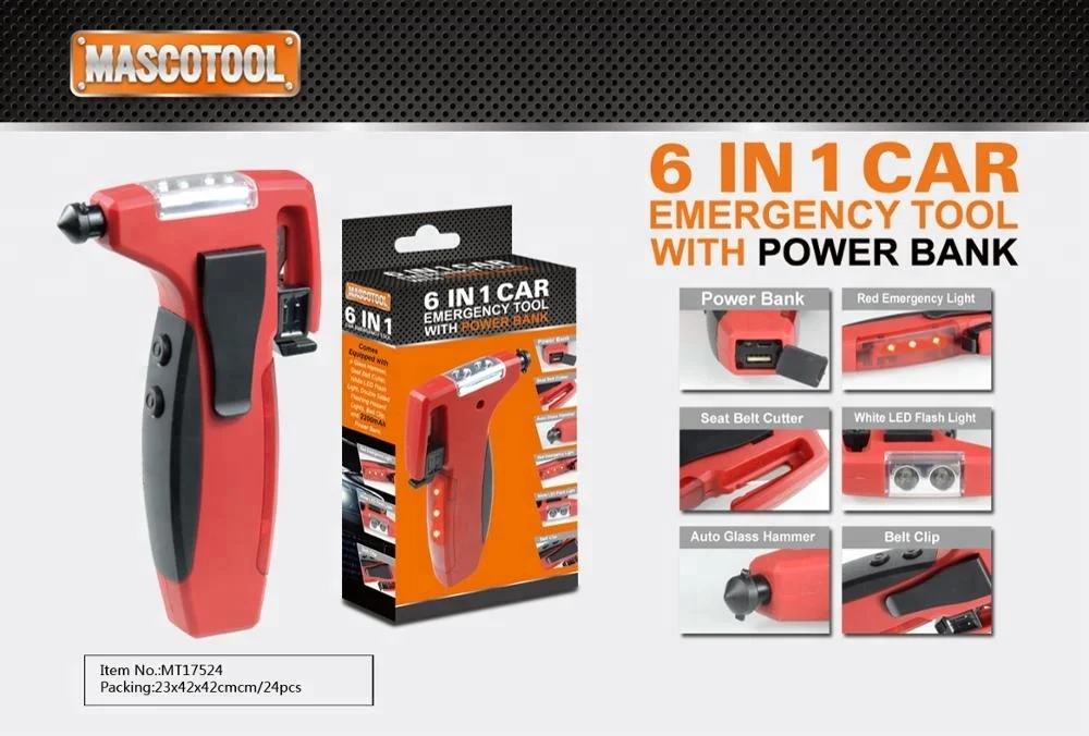 
MT17524 6 In 1 Car Emergency Tool W/Power Bank Car Safety Window Glass emergency tool 