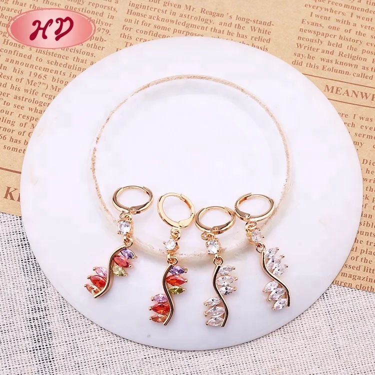 24K Gold Plated Hanging Diamond Earrings With Cubic Zirconia Red Stone