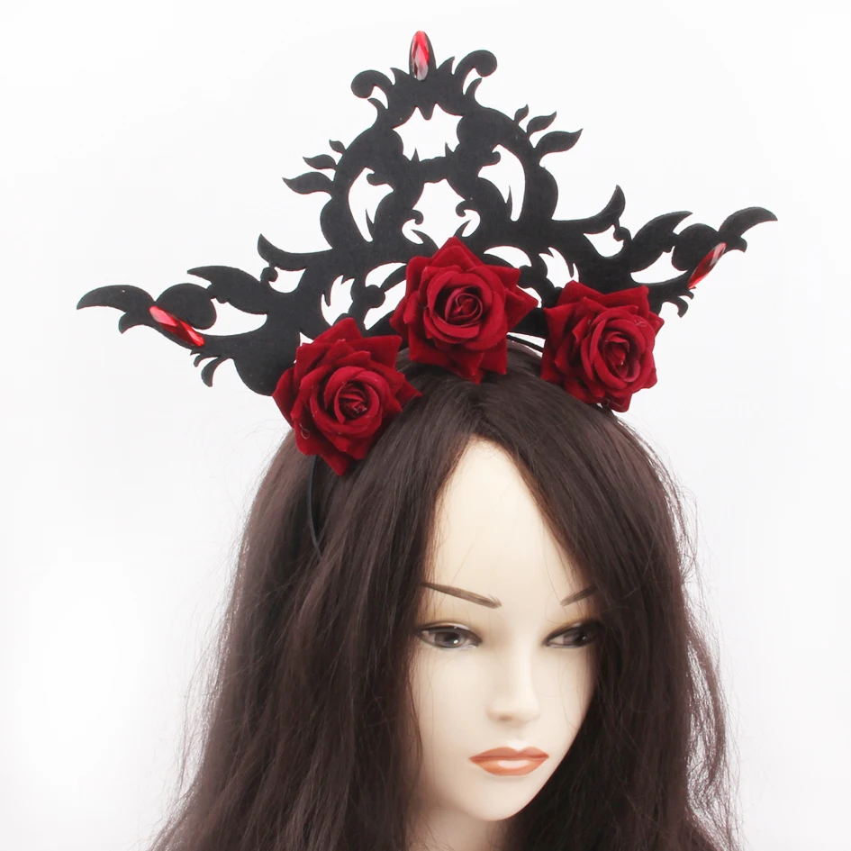 Wholesale Polyester Artificial Flower Hair Bands Red Rose Diadem Crown Womens Headbands