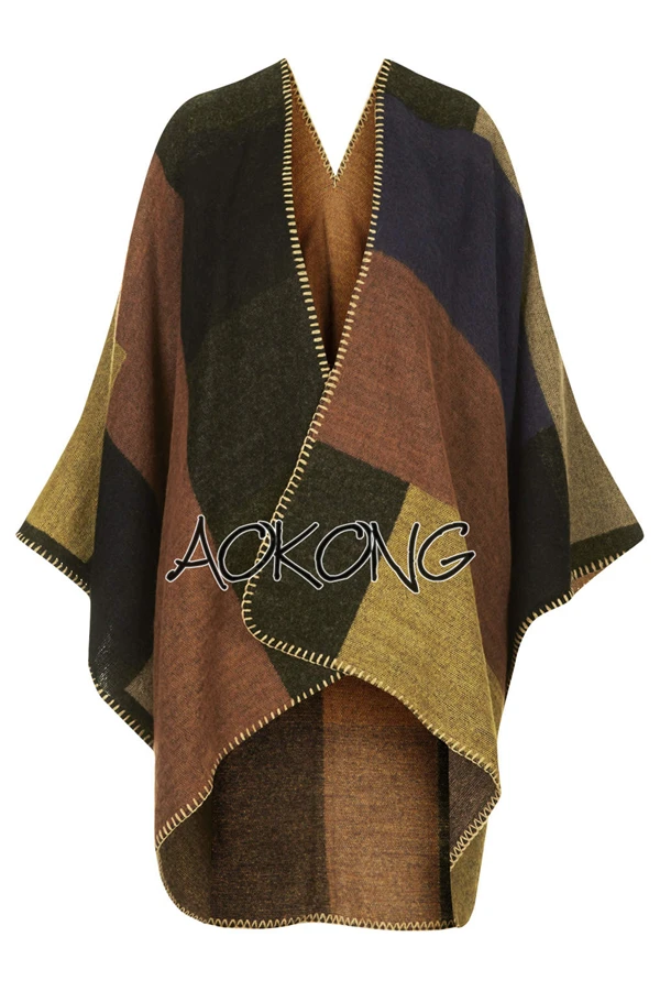 2015 brand colour block stitched blanket cape coat winter scarf plaid women poncho wraps check top cashmere acrylic shawls