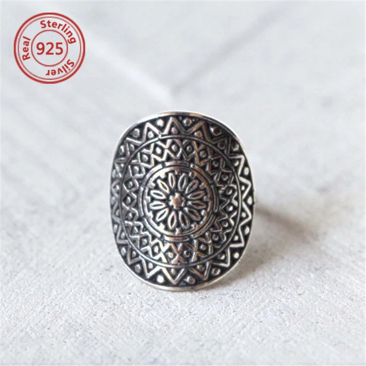 Gypsy Solid Engraved Mandala Ring Sterling Silver Boho Ring bohemia ring