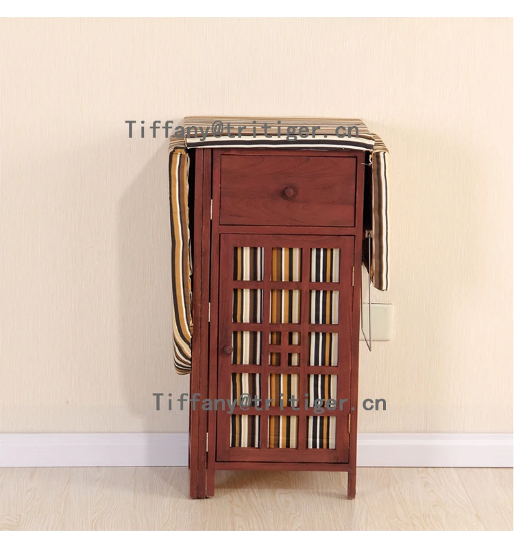 Antique White Foldable Iron Table modern Wicker Wood cabinet with Ironing Board
