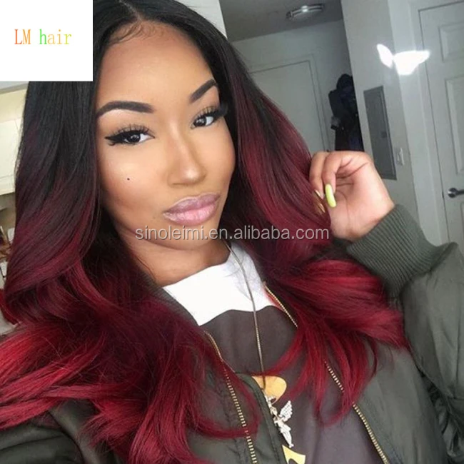 Ombre color black root red wavy full lace wig 100% virgin human hair