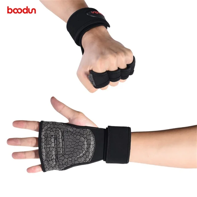 BOODUN Stock Fitnesss Training Long Wrist Best Grip Half Finger Weight Lifting Gym Gloves for Wholesale