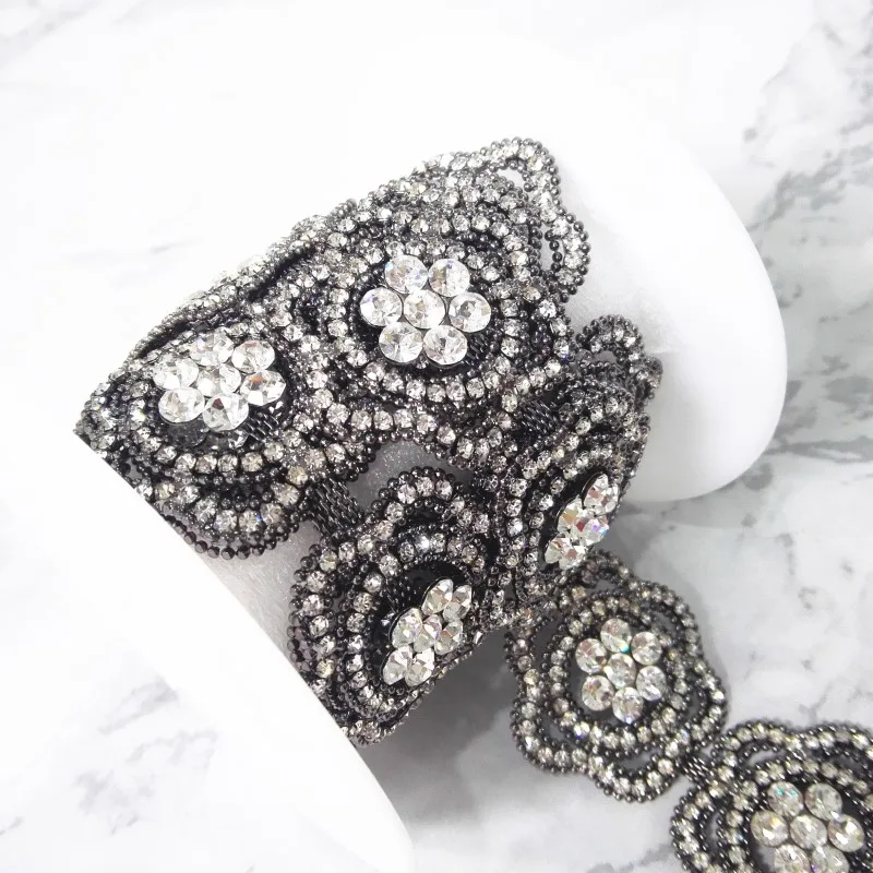 Antique Silver Flower Trim Rhinestone Applique Chain for Garment