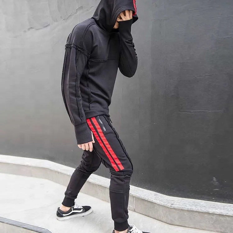 Stylish Street Edgy Vibe Black Sweatshirt Side Striped Streetwear Tracksuit With Red Striped