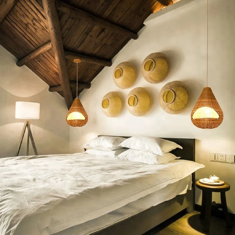 Retro Handmade Rattan Indoor Decoration Wicker Hanging Lights Bamboo Shade Lamp Pendant