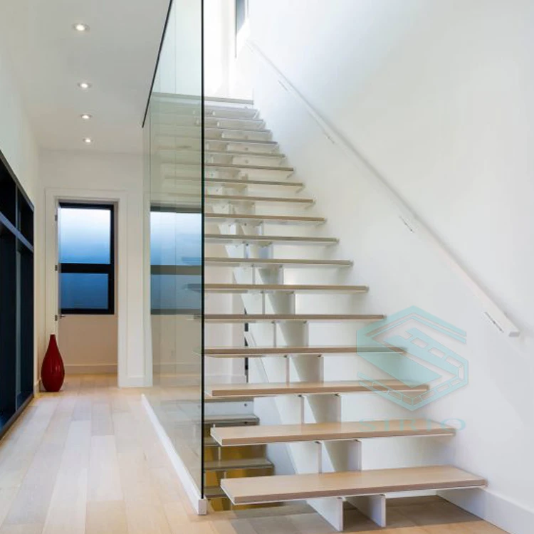 
Laminated Safety Glass stairs with Metal Single Beam Staircase and wood treads 