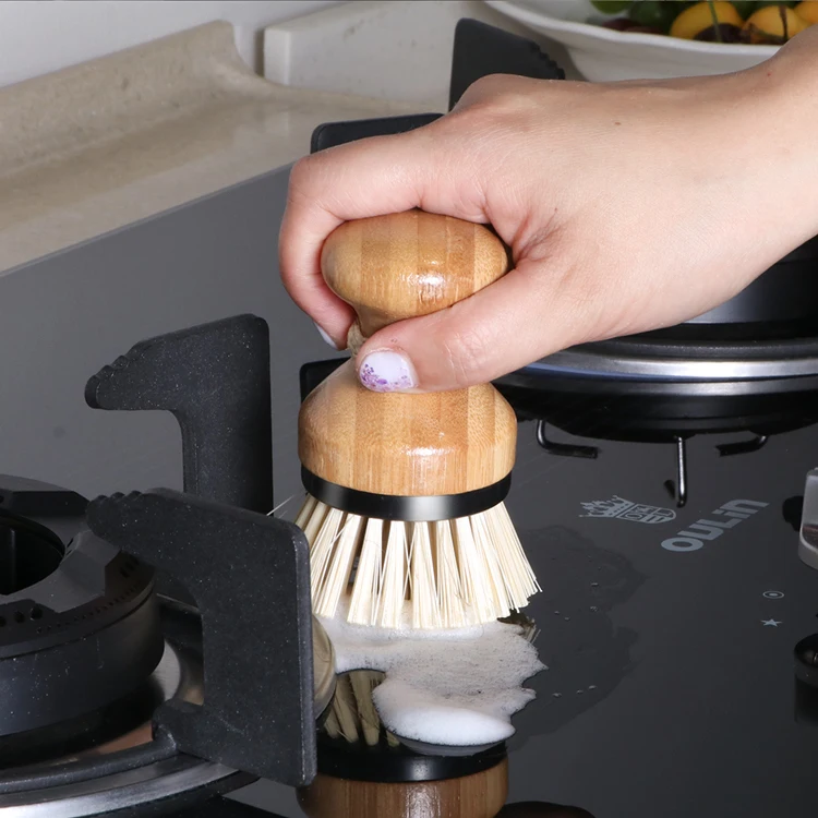 Masthome Household  Bamboo short Handle Bamboo dish scrub cleaning brush for kitchen with linen rope hook