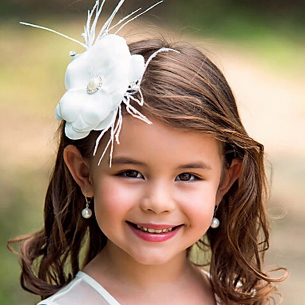 Flower Headband Pearl Hairband with Feather for Toddler Flower Girl