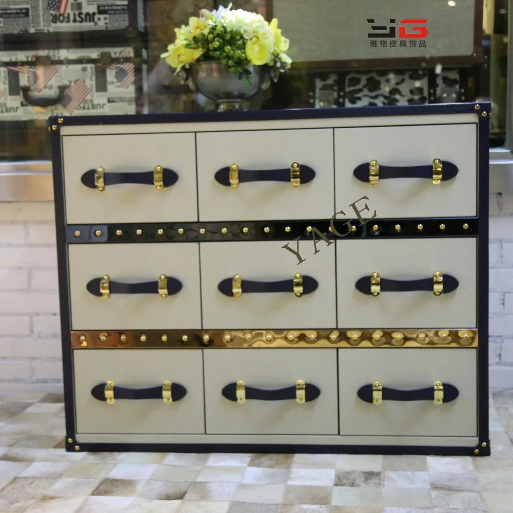 China factory direct hot sale classic wood leather cabinet with 9 DRAWERS