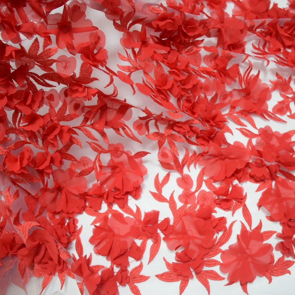 Hot sales bridal netting fabric red wedding lace 3D flower embroidery designs for lace wedding dress HY0738-2