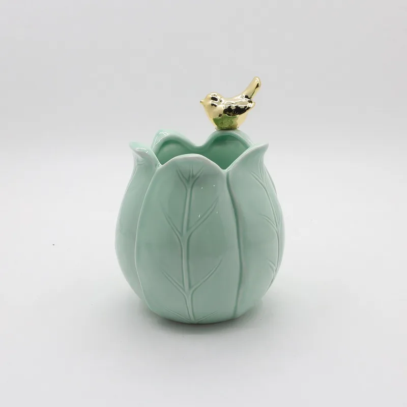 New design ceramic flower shape eggs easter with gold bird