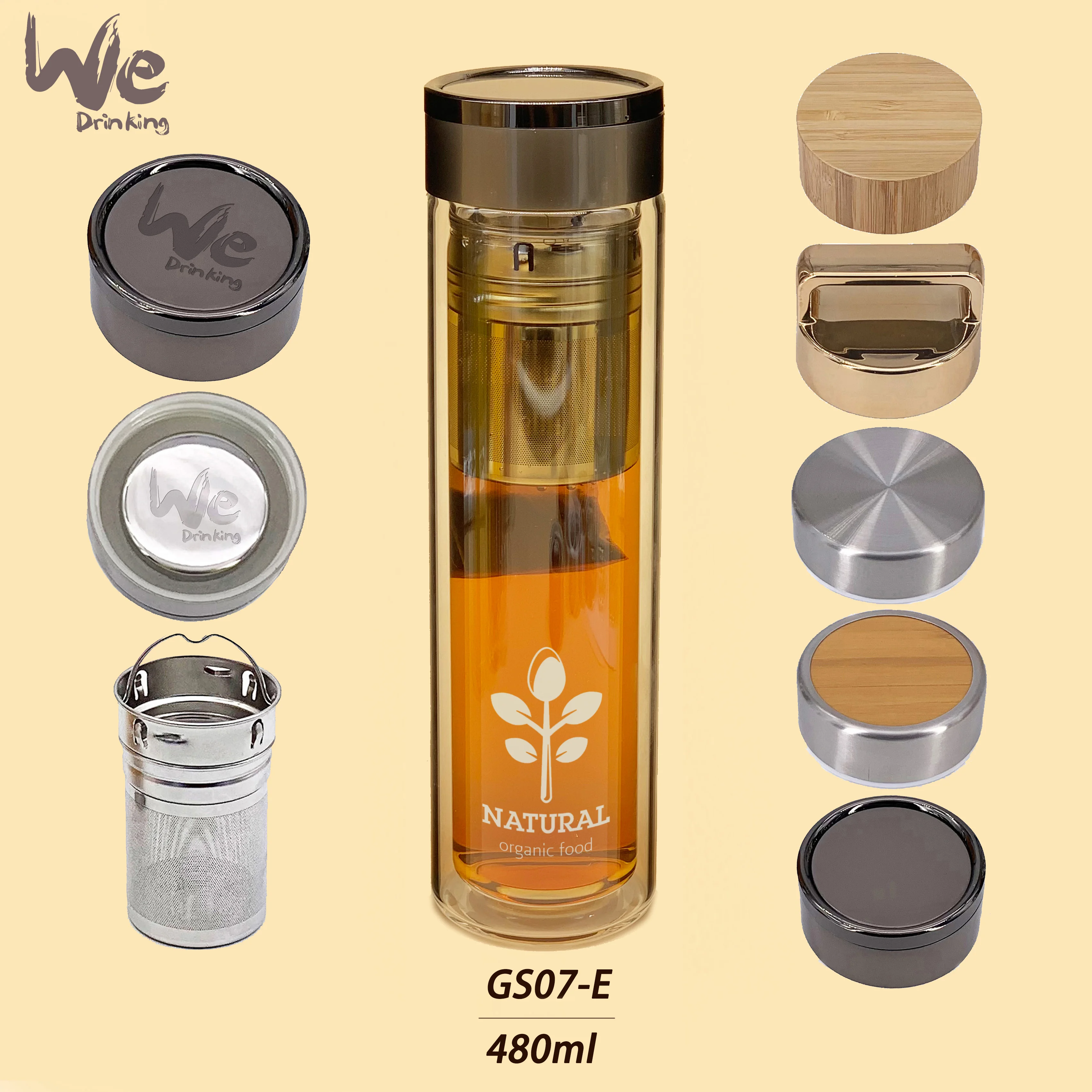GS07-E 480ml High Borosilicate Glass Water Bottle with Filter and Steel Lid for Loose Leaf Tea  Coffee and Milk