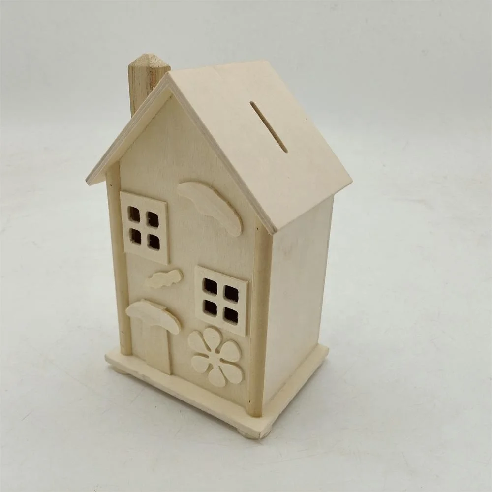 unfinished wooden house shape money box