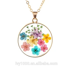 Colorful flower silver round pendant with chain necklace