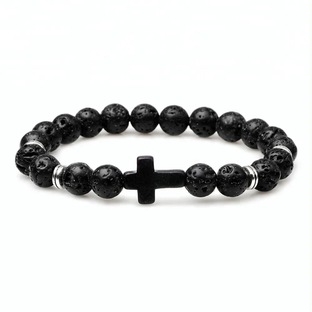 Fashion Acrylic Cross Turquoise Stones Agate Lava Stone Beaded Bracelet for women men