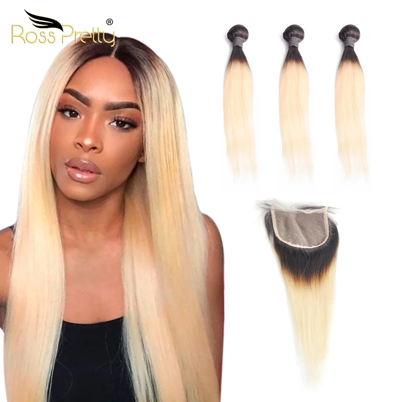 
Ross Pretty 1b 613 4x4 малазийские Прямые Натуральные светлые человеческие волосы с эффектом омбре, 3 пучка с застежкой 