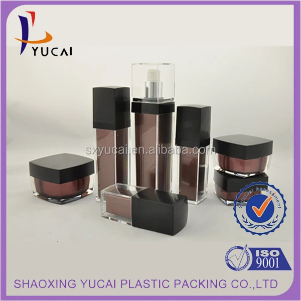 Wholesale china supplier 15g 30g 50g square acrylic mini jar and perfume lotion bottle series cosmetic packaging for skin care