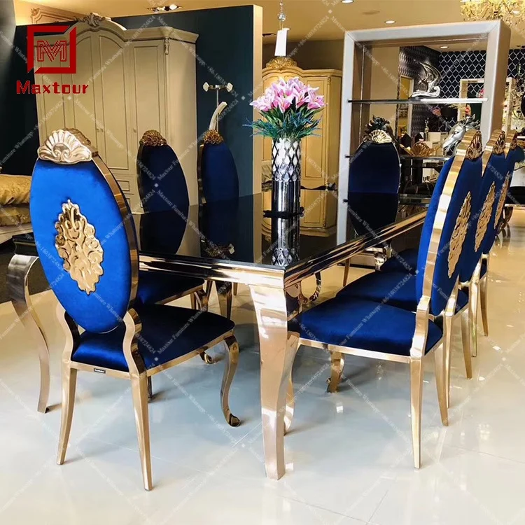Banquet furniture tables stainless steel glass chrome silver louis dining table set 6 chairs