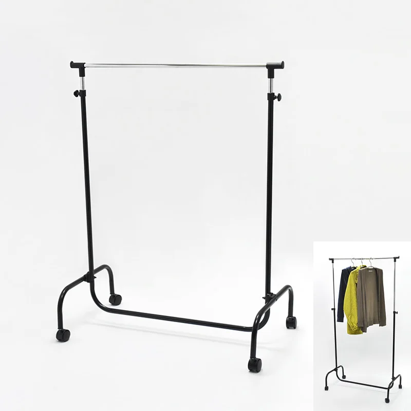Elegant Singular Black Metal Bar Four Wheel Clothes Display Rack