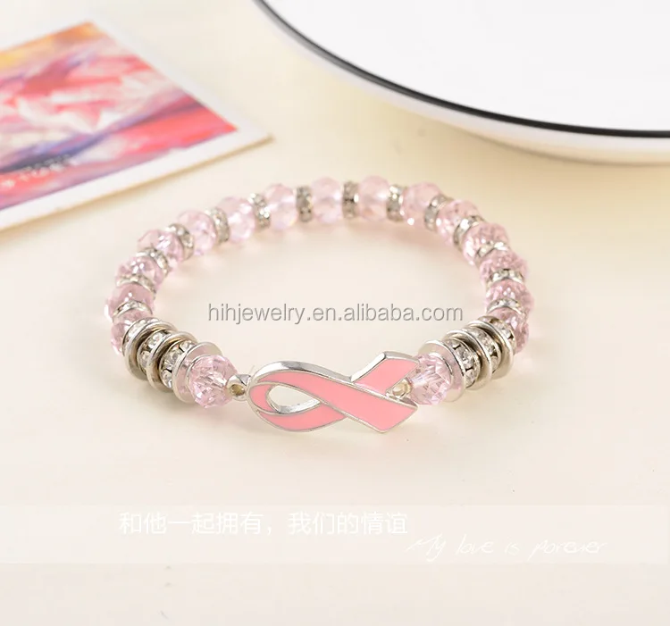 Pink ribbon breast cancer awareness bangle bead jewelry bracelet