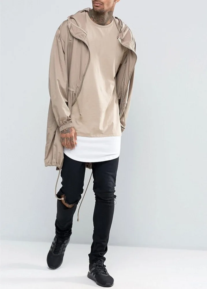 
Custom Cotton Tee Super Longline T-Shirt With Curved Hem And Side Zips In Beige 