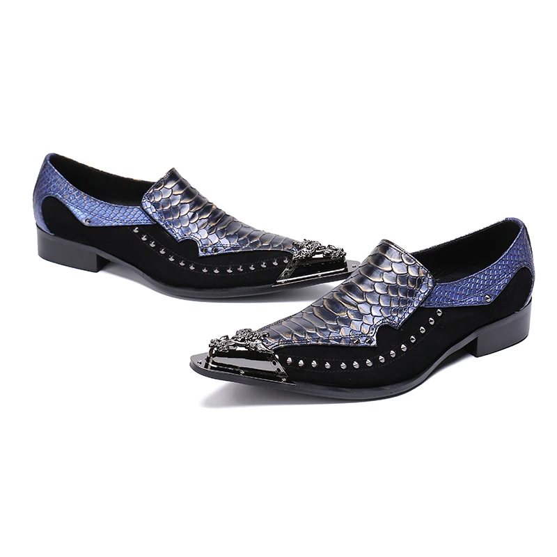 NA174 Brand Italian Snake Pattern Wedding Men Dress Shoes Metal Toe Genuine Leather Business Men Formal Shoes Plus Size
