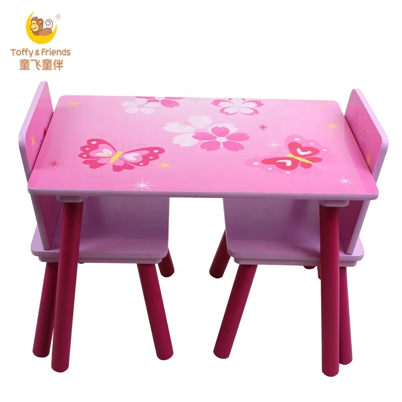 Toffy & Friends kids wooden easily assemble table and chairs set in Butterfly design pink